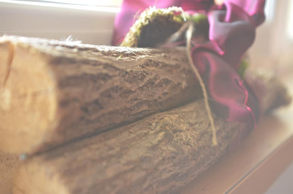 Two pieces of wood are lying on a surface. Next to them are a decorative bow and some plants.