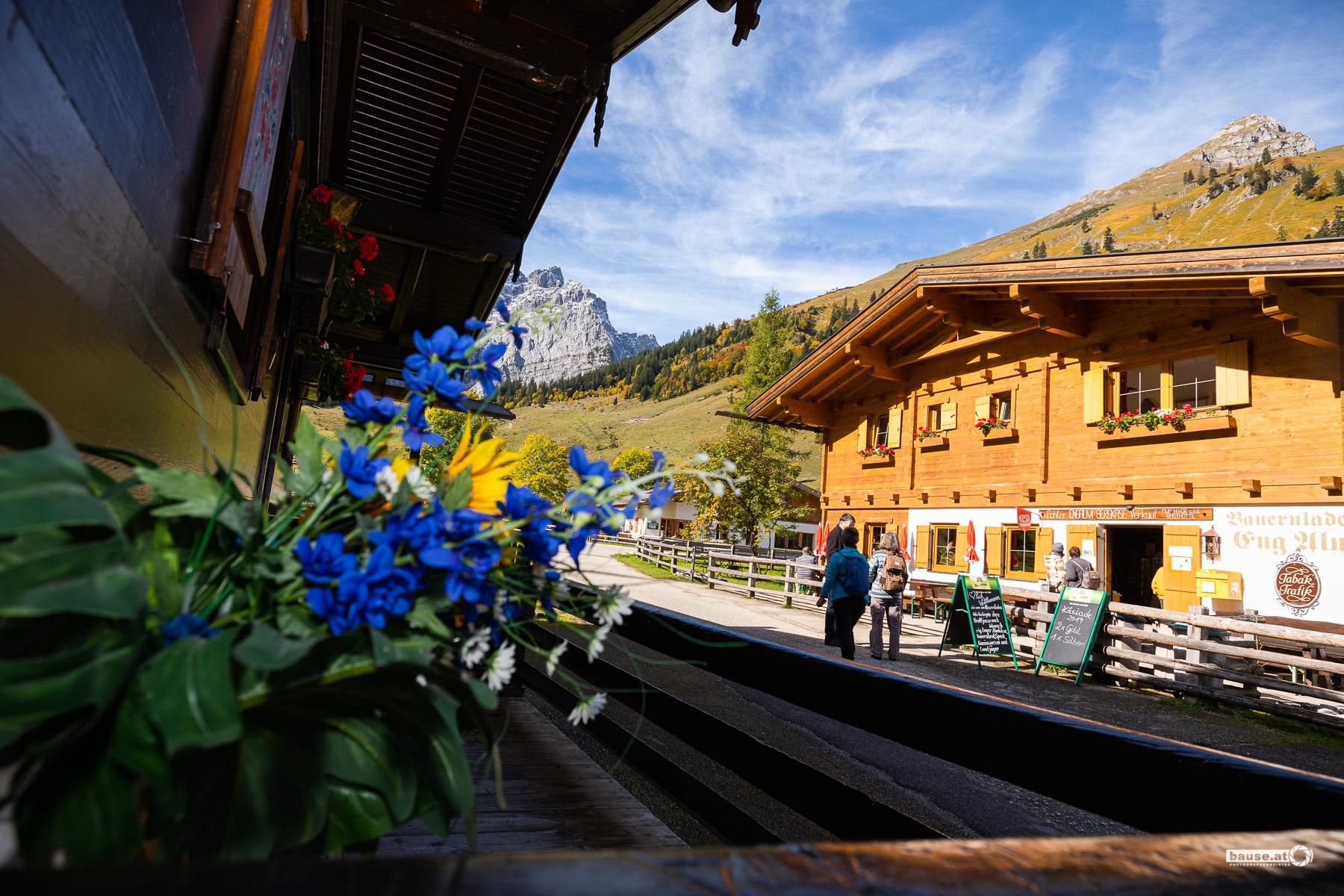 A picturesque mountain cabin with a wooden facade and colorful flowers in the foreground. In the background, green mountains and a blue sky can be seen.