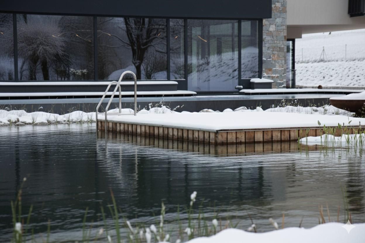 A quiet outdoor pool, surrounded by snow and winter scenery. The wooden platform in the water invites you to relax.