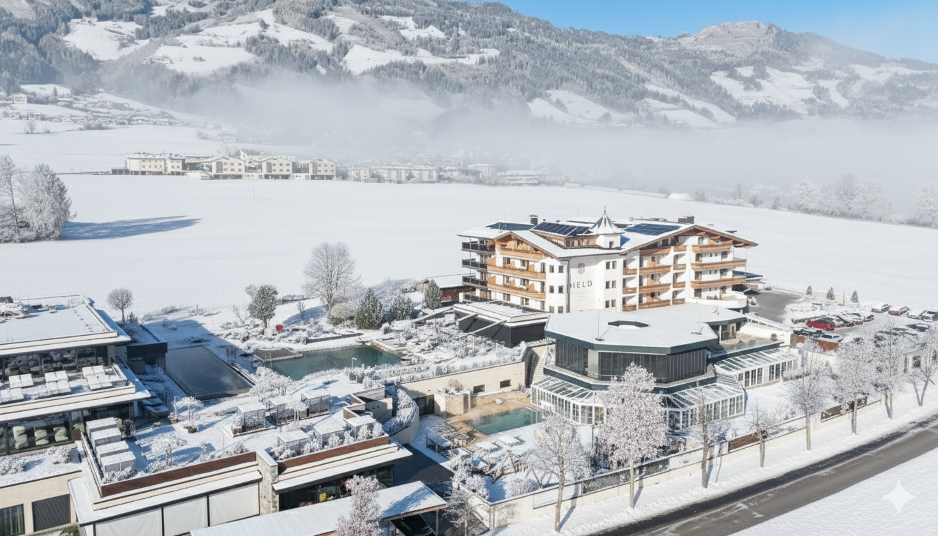 A luxurious hotel in a snow-covered landscape. The surroundings are picturesque with mountains and mist.
