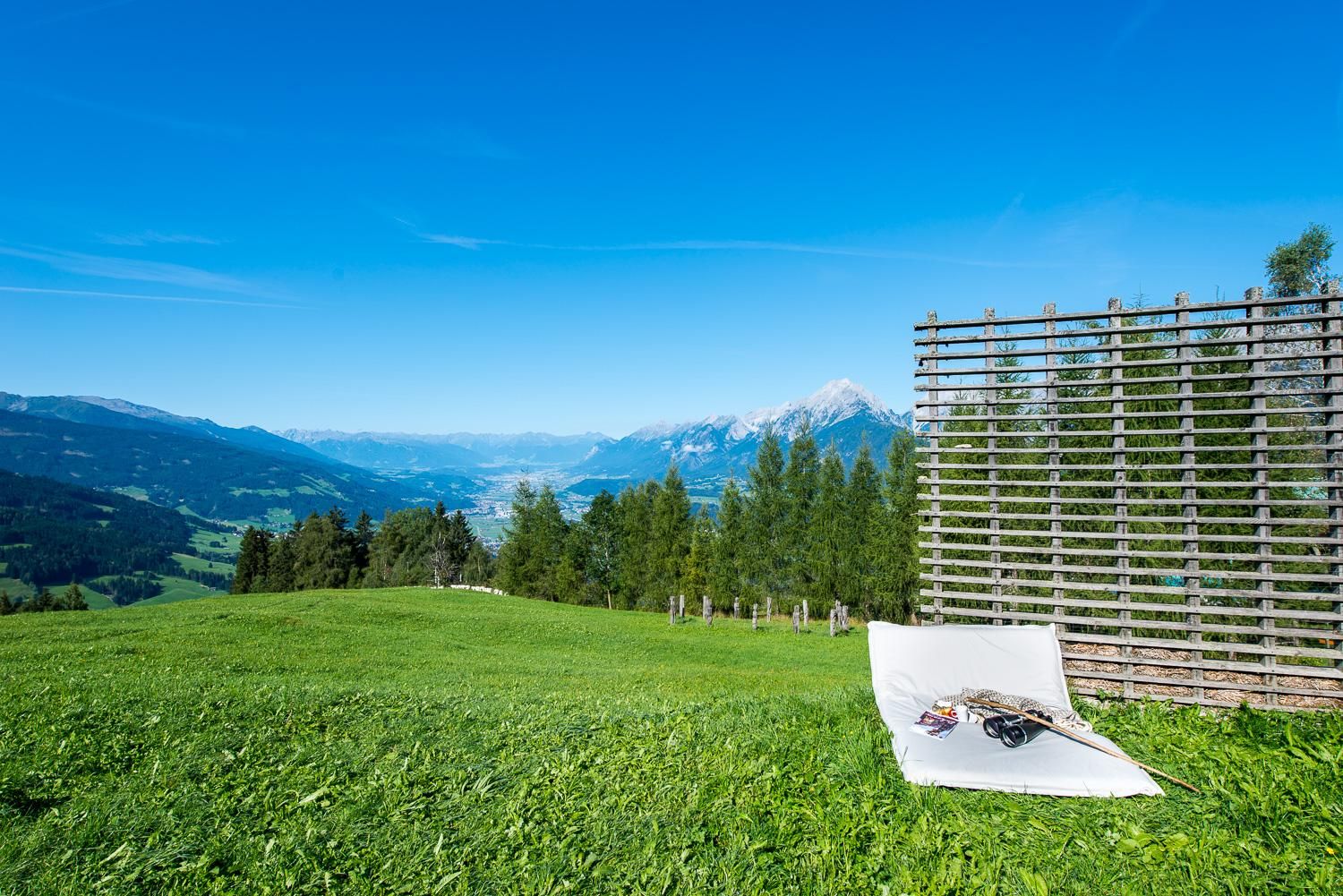 A green meadow with a wide view of the mountains and the sky. In the foreground lies a light blanket and a woodpile is located to the right.